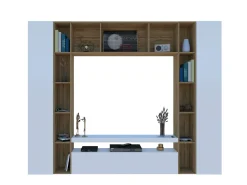 Parete attrezzata Austis, cm 270x35h210, Bianco lucido e Rovere<Dmora Fashion