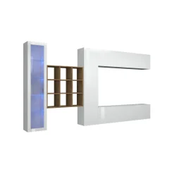 Parete attrezzata Avegno, cm 310x30h180, Bianco lucido e Acero<Dmora Shop