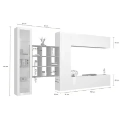 Parete attrezzata Avegno, cm 310x30h180, Bianco lucido e Acero<Dmora Shop