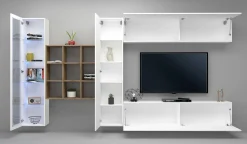 Parete attrezzata Avegno, cm 310x30h180, Bianco lucido e Acero<Dmora Shop