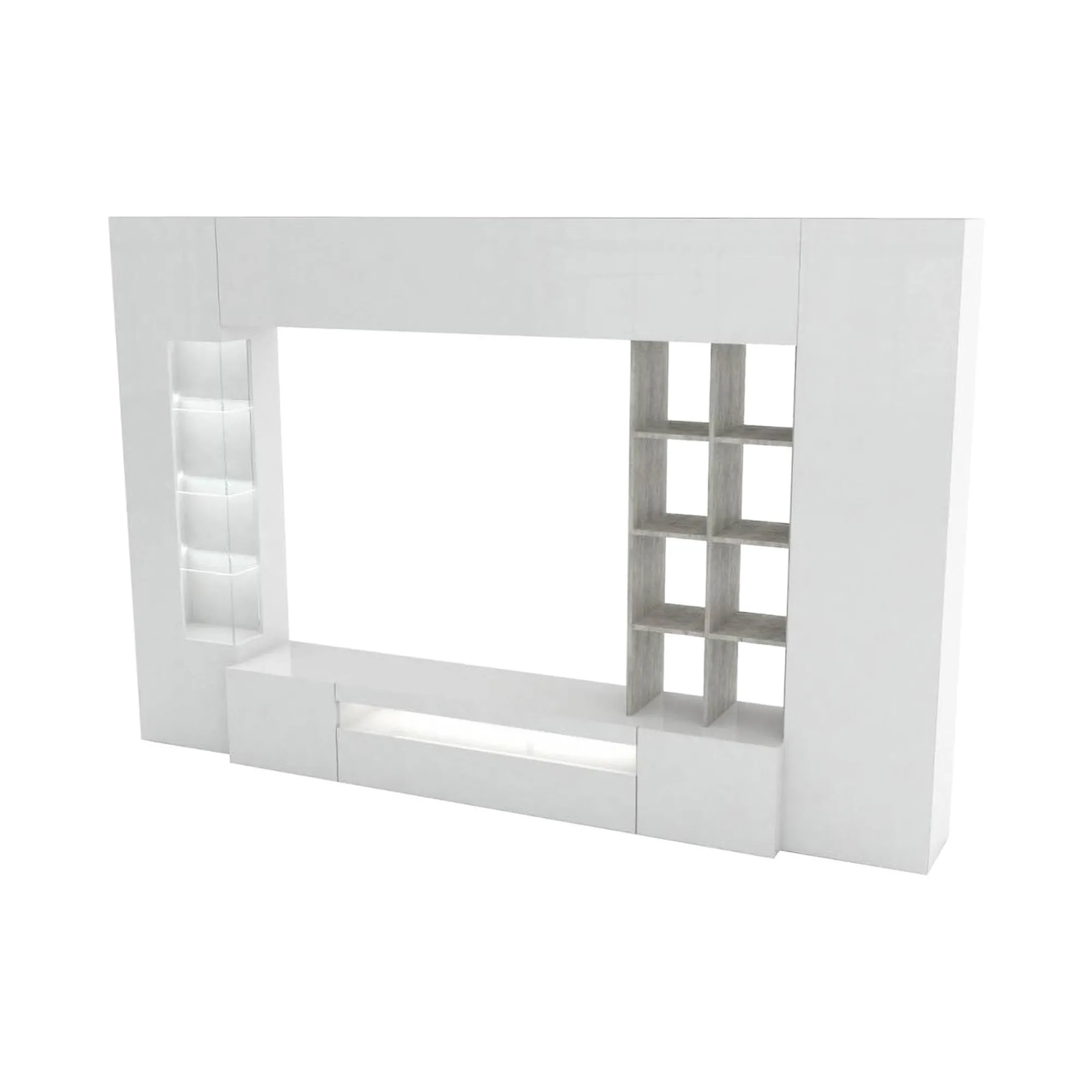 Parete attrezzata Azuro, cm 290x40h192, Bianco lucido e Cemento<Dmora Fashion