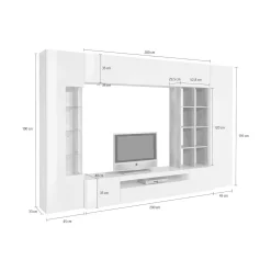 Parete attrezzata Azuro, cm 290x40h192, Bianco lucido e Cemento<Dmora Fashion