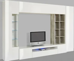 Parete attrezzata Azuro, cm 290x40h192, Bianco lucido e Cemento<Dmora Fashion