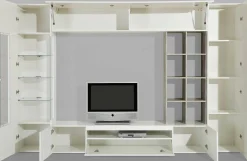 Parete attrezzata Azuro, cm 290x40h192, Bianco lucido e Cemento<Dmora Fashion