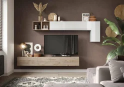 Parete attrezzata Barumini, 276x30 h180 cm, Bianco lucido e Rovere<Dmora Store