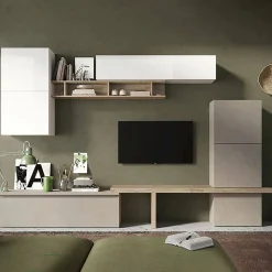 Parete attrezzata Dabdell, 290x40 h195 cm, Bianco lucido e Rovere<Dmora Cheap