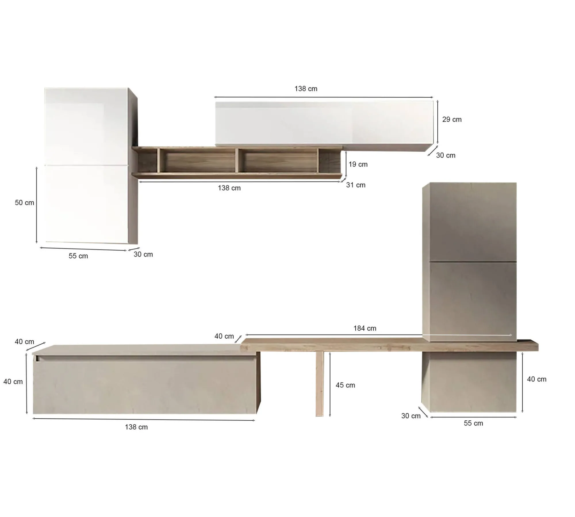 Parete attrezzata Dabdell, 290x40 h195 cm, Bianco lucido e Rovere<Dmora Cheap
