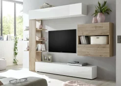 Parete attrezzata Dbogdanovi, 295x30 h187 cm, Bianco lucido e Rovere<Dmora Outlet