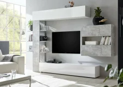 Parete attrezzata Dbogdanovi, 295x30 h187 cm, Bianco lucido e Cemento<Dmora Flash Sale