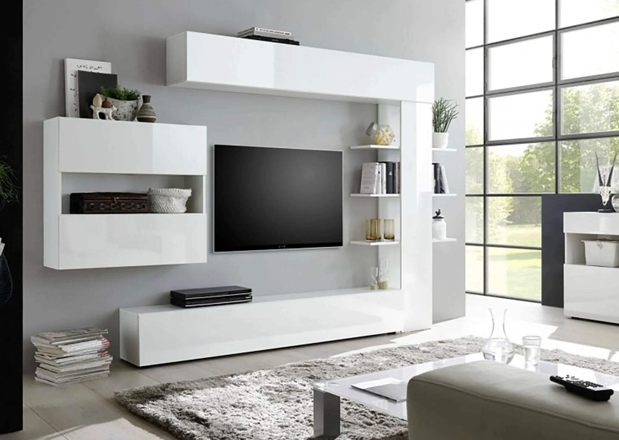 Parete attrezzata Dbogdanovi, 295x30 h187 cm, Bianco lucido e Bianco<Dmora Flash Sale