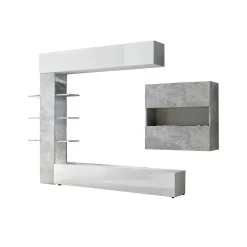Parete attrezzata Dbogdanovi, 295x30 h187 cm, Bianco lucido e Cemento<Dmora Flash Sale