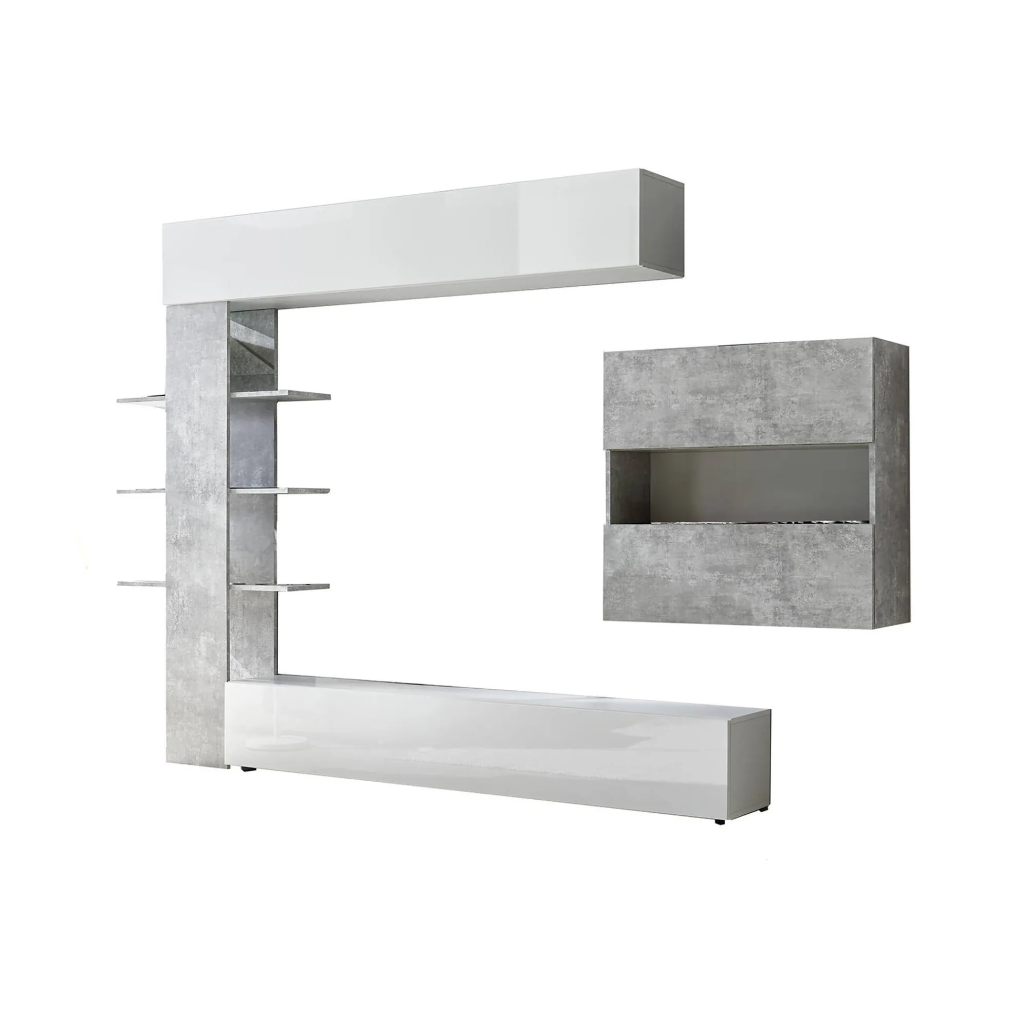 Parete attrezzata Dbogdanovi, 295x30 h187 cm, Bianco lucido e Cemento<Dmora Flash Sale