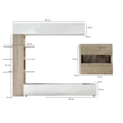 Parete attrezzata Dbogdanovi, 295x30 h187 cm, Bianco lucido e Rovere<Dmora Outlet