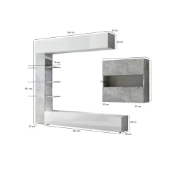 Parete attrezzata Dbogdanovi, 295x30 h187 cm, Bianco lucido e Cemento<Dmora Flash Sale