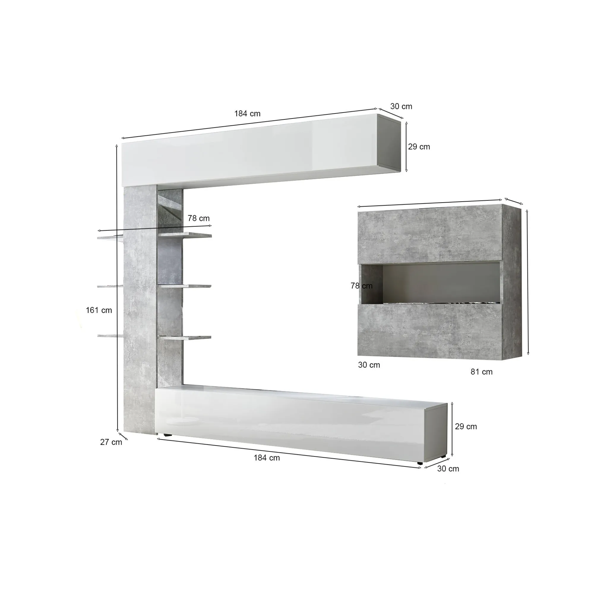 Parete attrezzata Dbogdanovi, 295x30 h187 cm, Bianco lucido e Cemento<Dmora Flash Sale