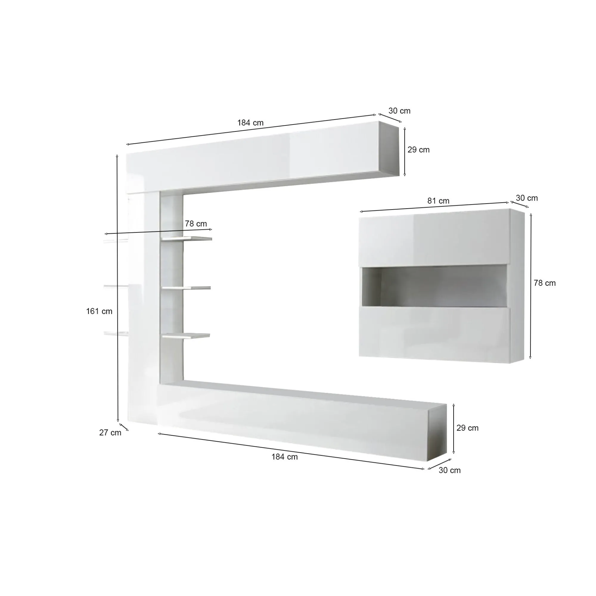 Parete attrezzata Dbogdanovi, 295x30 h187 cm, Bianco lucido e Bianco<Dmora Flash Sale
