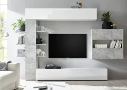 Parete attrezzata Dbogdanovi, 295x30 h187 cm, Bianco lucido e Cemento<Dmora Flash Sale