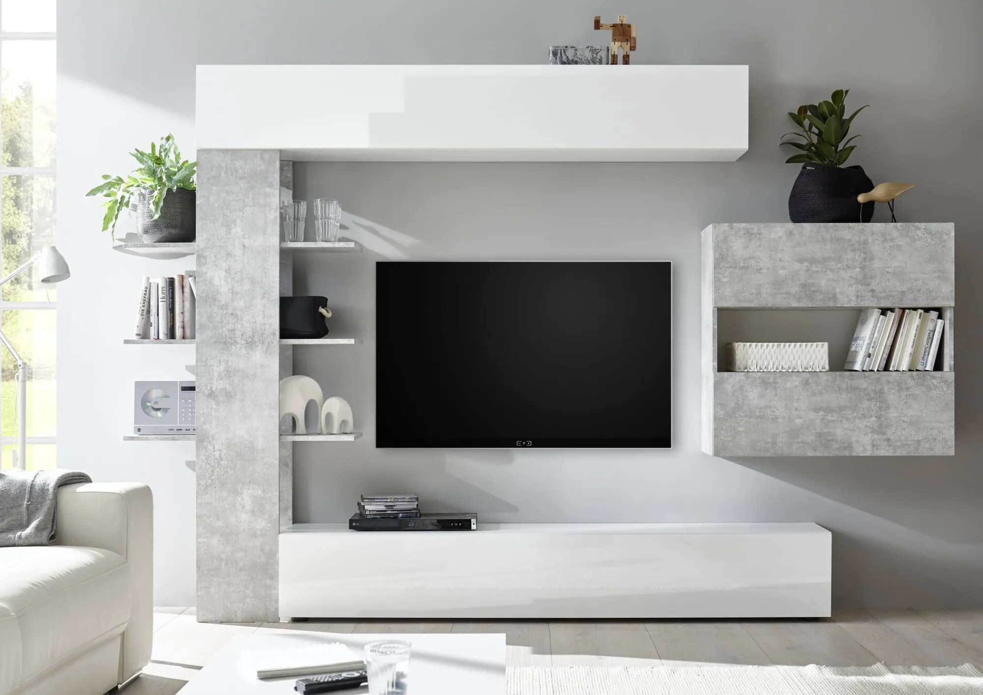 Parete attrezzata Dbogdanovi, 295x30 h187 cm, Bianco lucido e Cemento<Dmora Flash Sale