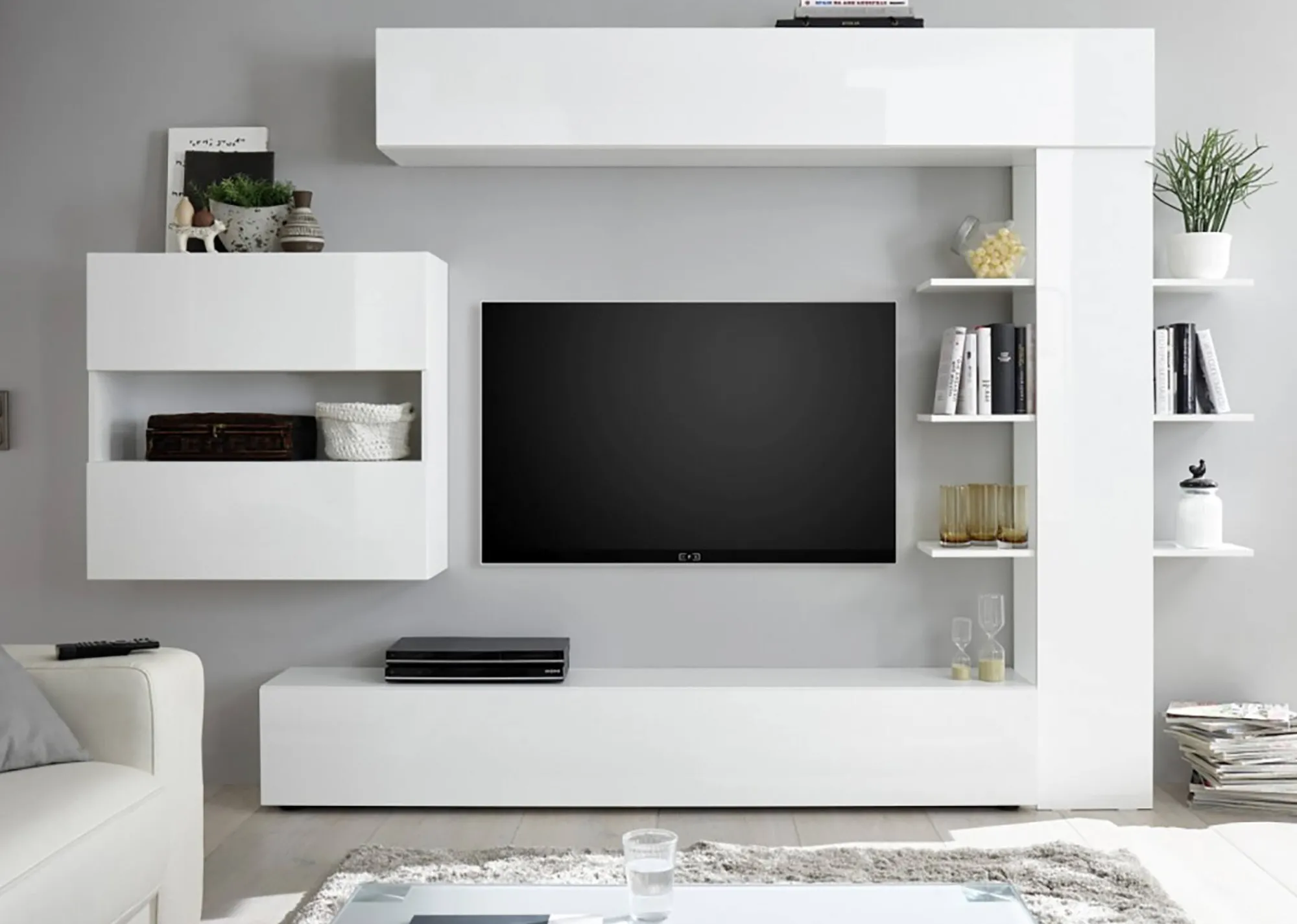 Parete attrezzata Dbogdanovi, 295x30 h187 cm, Bianco lucido e Bianco<Dmora Flash Sale