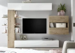 Parete attrezzata Dbogdanovi, 295x30 h187 cm, Bianco lucido e Rovere<Dmora Outlet