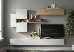 Parete attrezzata Dcost, 276x30 h210 cm, Bianco lucido e Rovere<Dmora Store