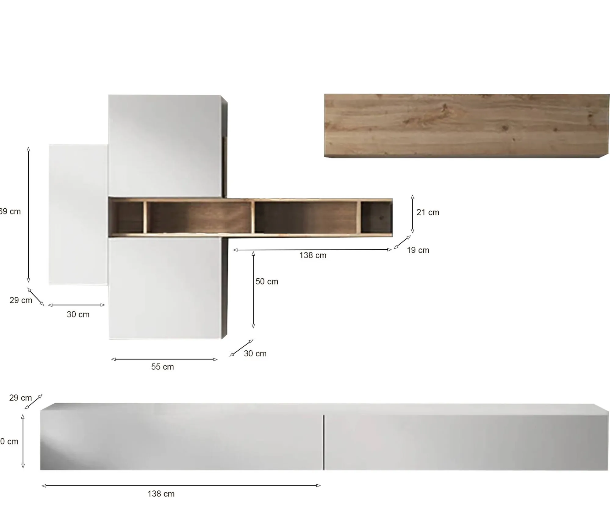 Parete attrezzata Dcost, 276x30 h210 cm, Bianco lucido e Rovere<Dmora Store