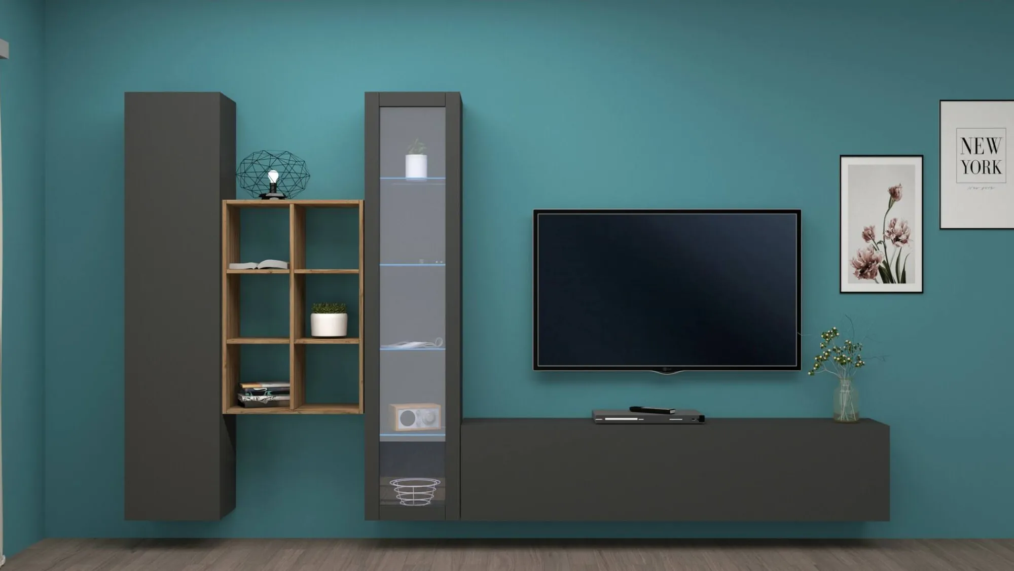 Parete attrezzata Dcragn, cm 320x30h180,<Dmora Outlet