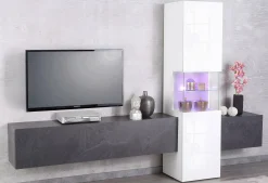 Parete attrezzata Dgrand, cm 265x40h181, Bianco lucido e Ardesia<Dmora Fashion