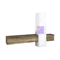 Parete attrezzata Dgrand, cm 265x40h181, Bianco lucido e Acero<Dmora New