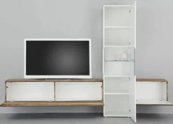 Parete attrezzata Dgrand, cm 265x40h181, Bianco lucido e Acero<Dmora New