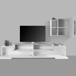 Parete attrezzata Dmar, cm 240x45h180, Bianco lucido e Cemento<Dmora Cheap