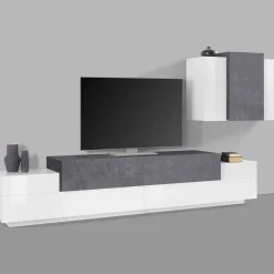 Parete attrezzata Dmar, cm 240x45h180, Bianco lucido e Ardesia<Dmora Best Sale