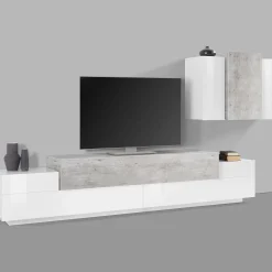 Parete attrezzata Dmar, cm 240x45h180, Bianco lucido e Cemento<Dmora Cheap