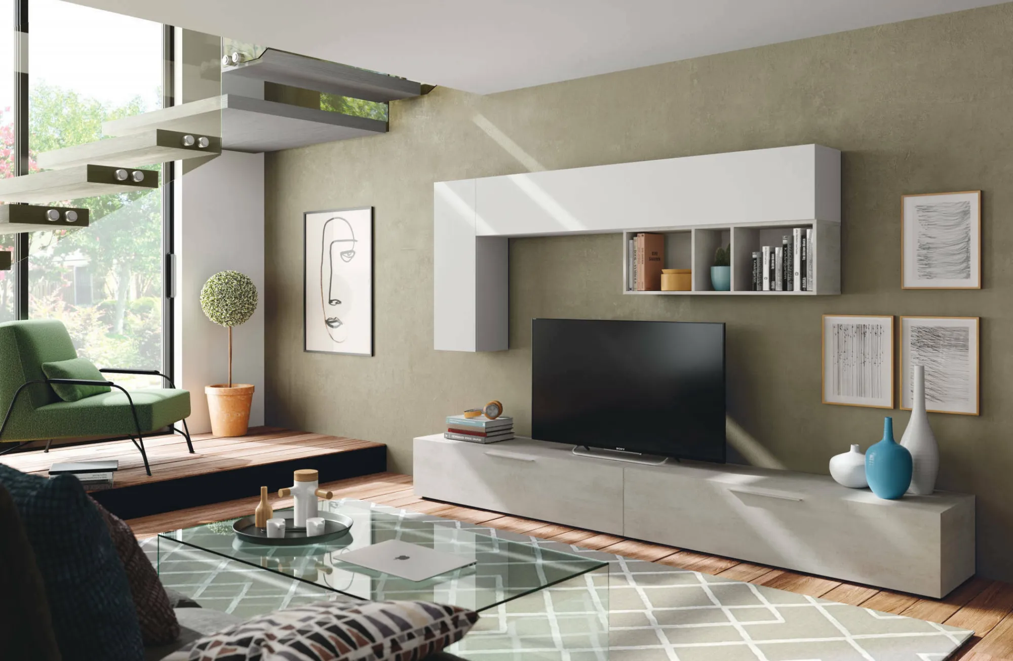 Parete attrezzata Dmontip, 260x42h32 cm, Cemento e Bianco<Dmora Best