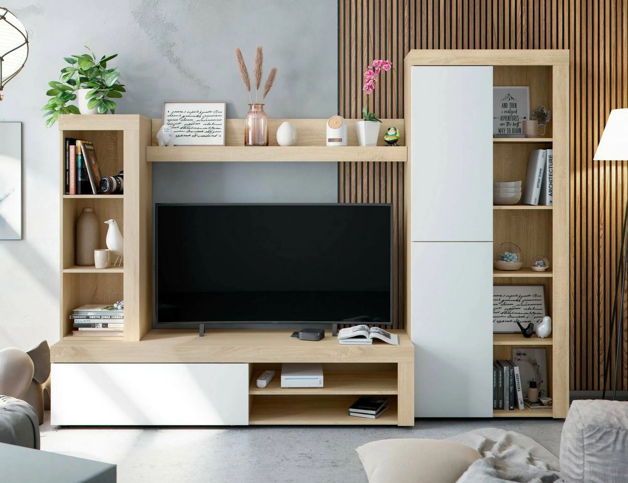 Parete attrezzata Dmurar, 240x30h175 cm, Bianco e Rovere<Dmora Fashion