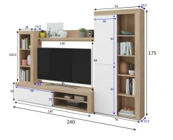 Parete attrezzata Dmurar, 240x30h175 cm, Bianco e Rovere<Dmora Fashion
