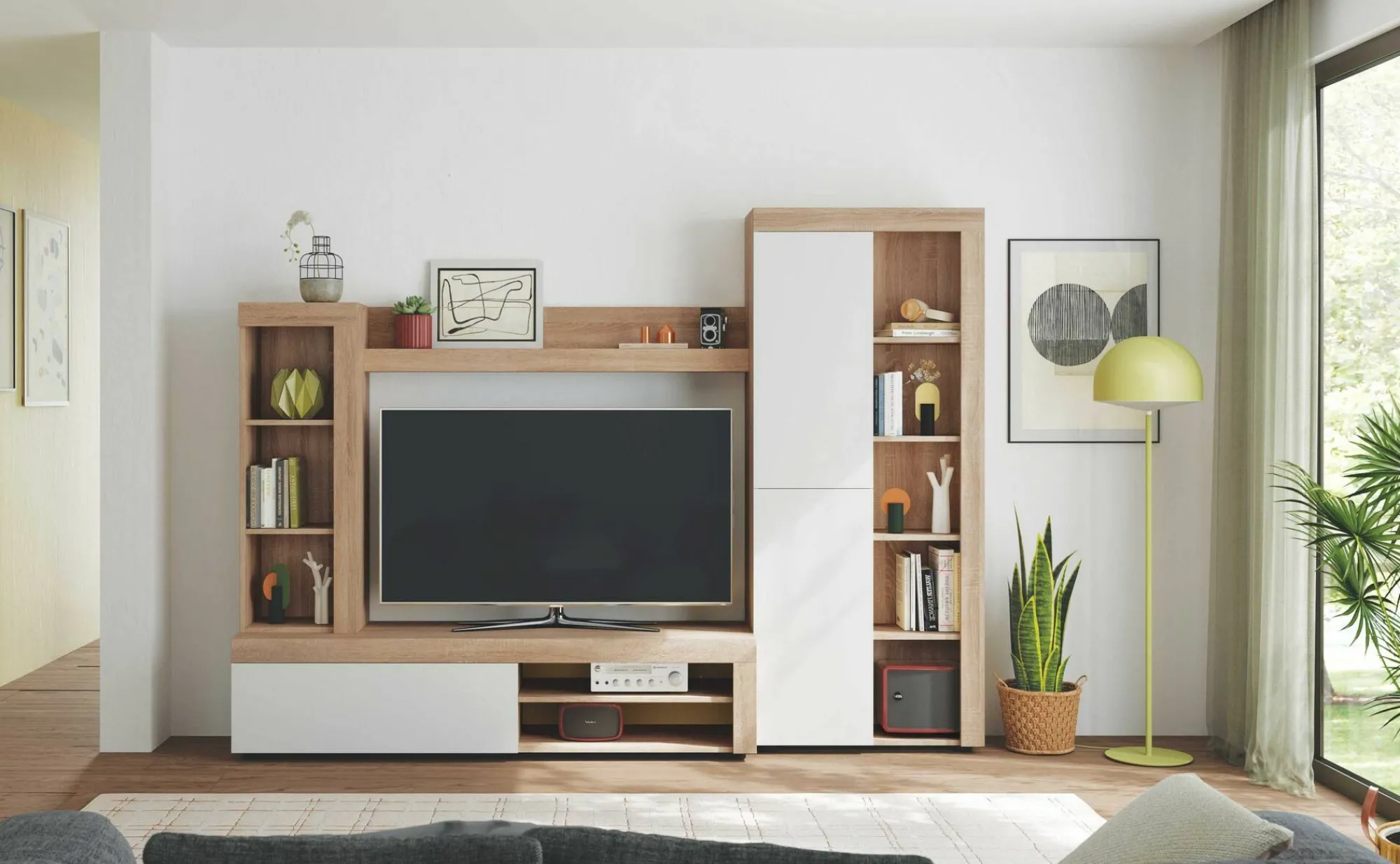 Parete attrezzata Dmurar, 240x30h175 cm, Bianco e Rovere<Dmora Fashion