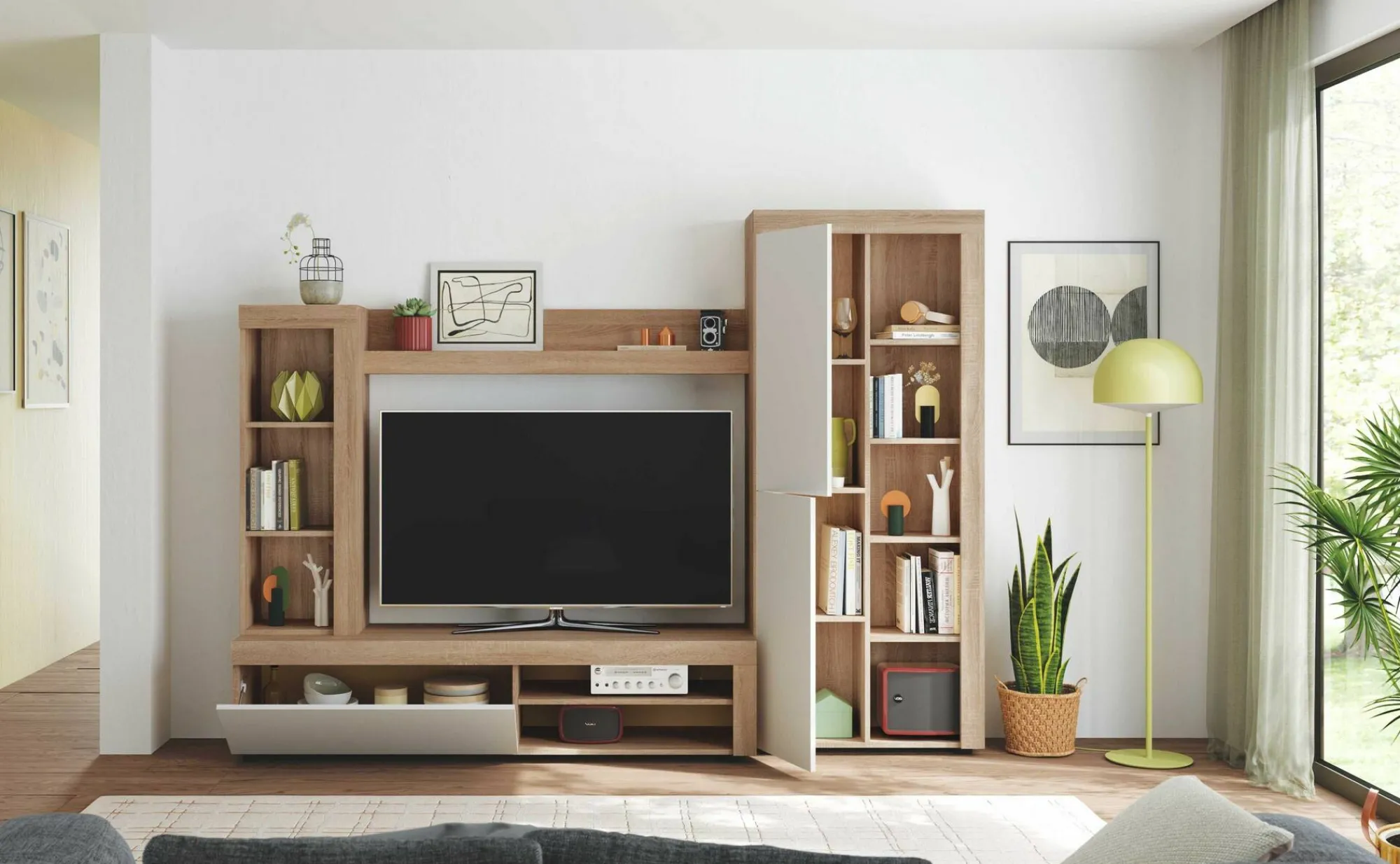 Parete attrezzata Dmurar, 240x30h175 cm, Bianco e Rovere<Dmora Fashion