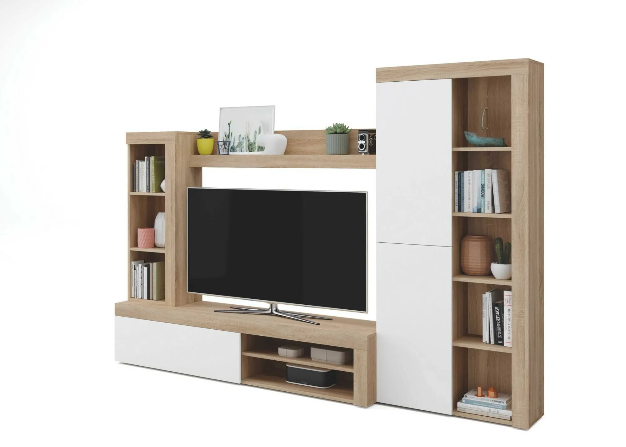 Parete attrezzata Dmurar, 240x30h175 cm, Bianco e Rovere<Dmora Fashion