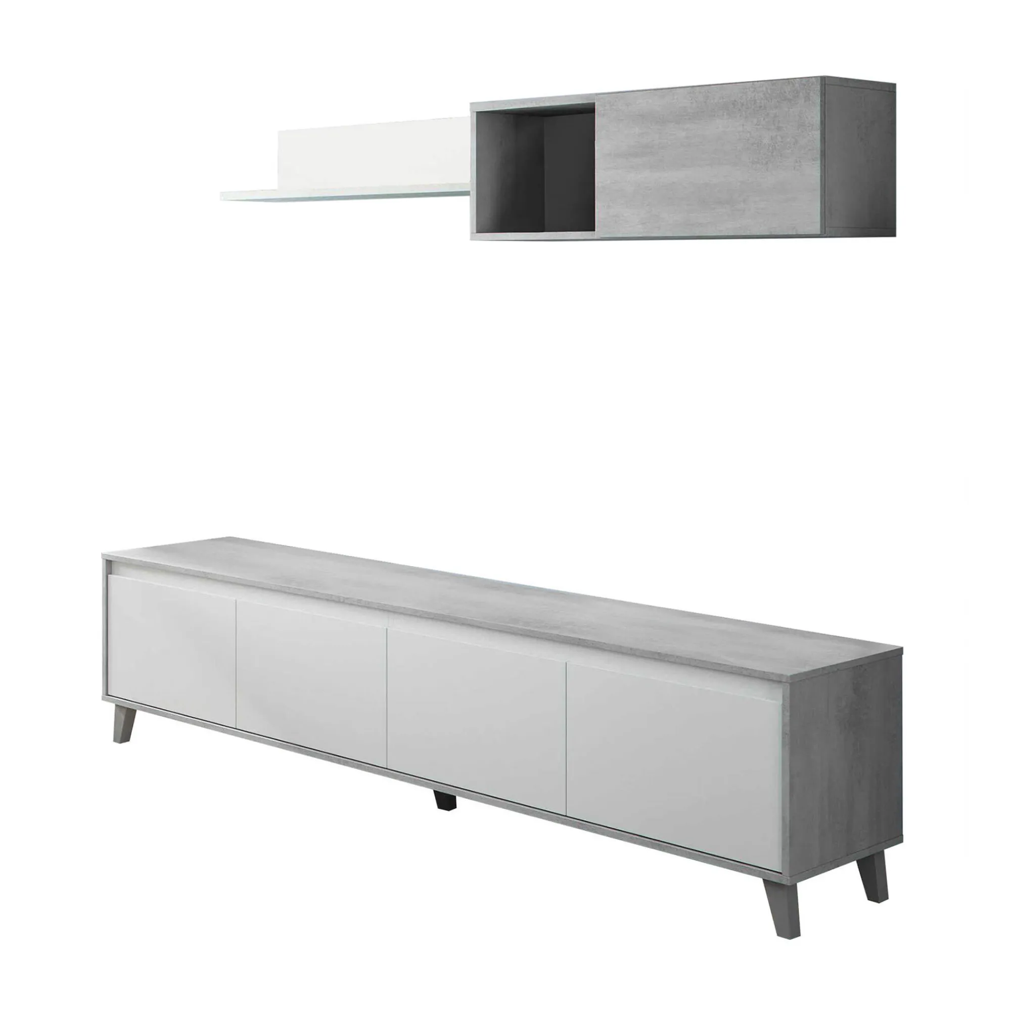 Parete attrezzata Dmutt, 200x29h80 cm, Bianco e Cemento<Dmora New
