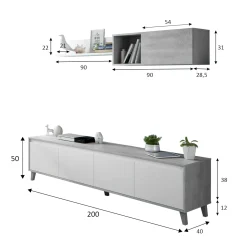 Parete attrezzata Dmutt, 200x29h80 cm, Bianco e Cemento<Dmora New