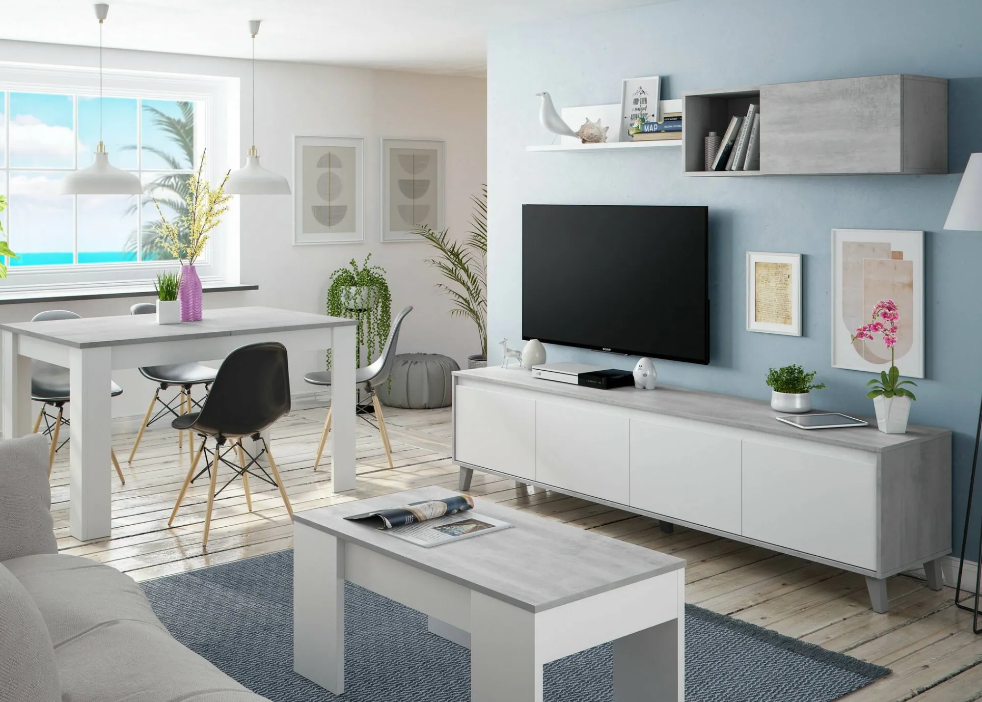 Parete attrezzata Dmutt, 200x29h80 cm, Bianco e Cemento<Dmora New