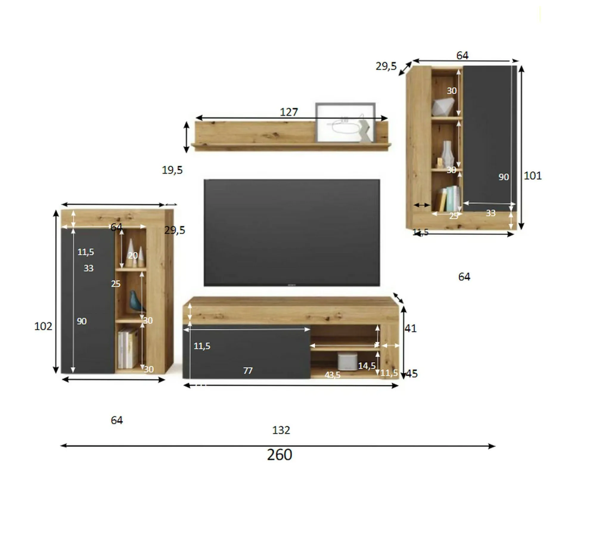 Parete attrezzata Dnosed, 260x41h102 cm, Rovere Nodi e Antracite<Dmora Hot