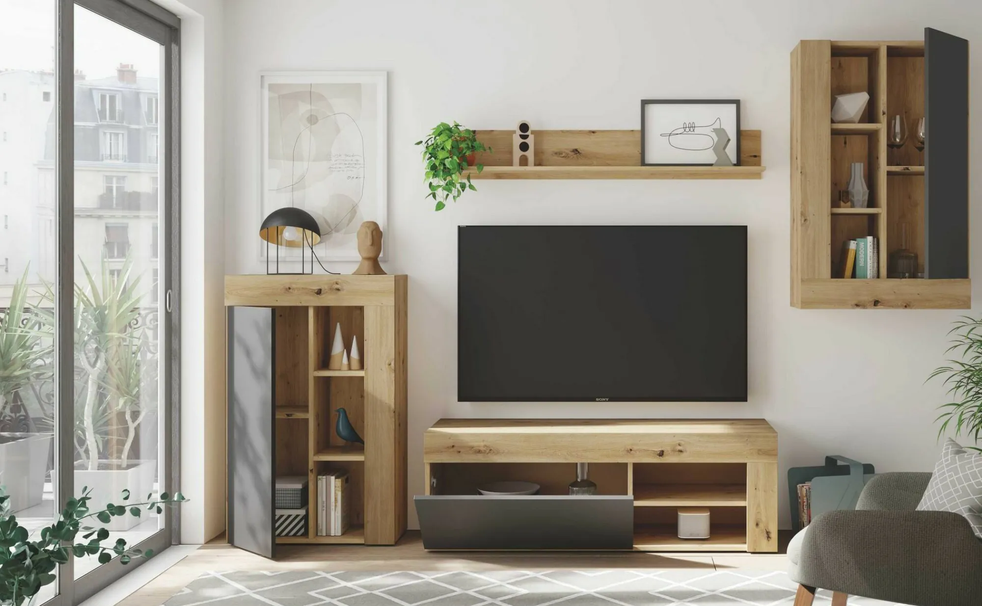Parete attrezzata Dnosed, 260x41h102 cm, Rovere Nodi e Antracite<Dmora Hot