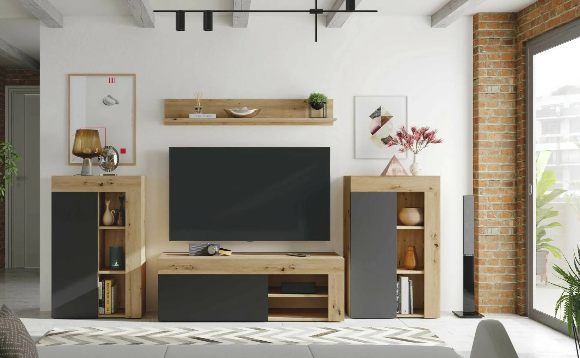 Parete attrezzata Dnosed, 260x41h102 cm, Rovere Nodi e Antracite<Dmora Hot