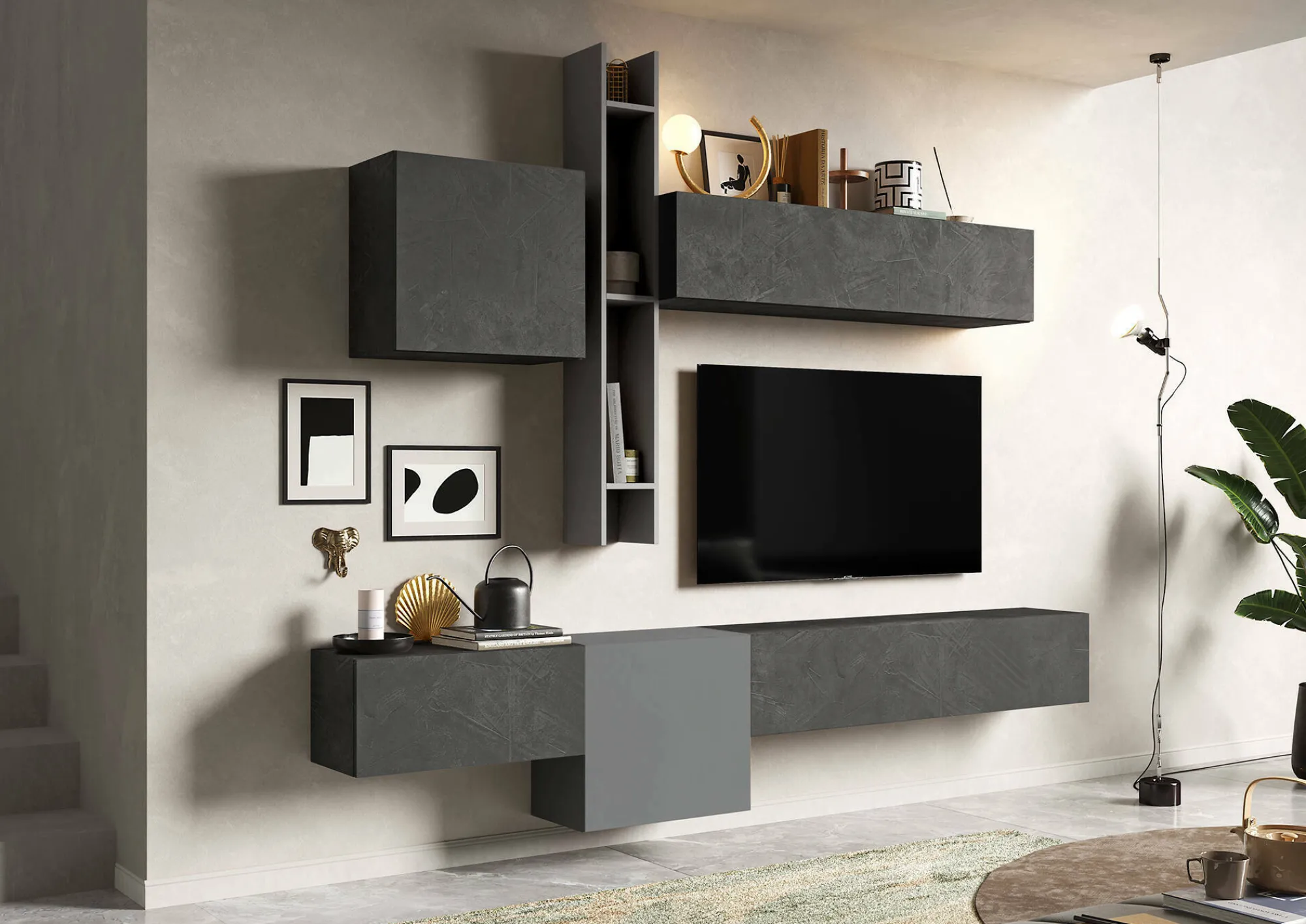 Parete attrezzata Douglas, 262x30 h220 cm, Ardesia e Grigio scuro<Dmora Cheap