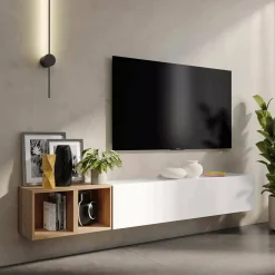 Parete attrezzata Dsimmon, 194x30 h29 cm, Bianco lucido e Rovere<Dmora Fashion