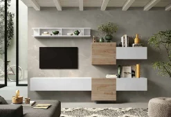 Parete attrezzata Dwal, 262x30 h185 cm, Bianco lucido e Rovere<Dmora Online