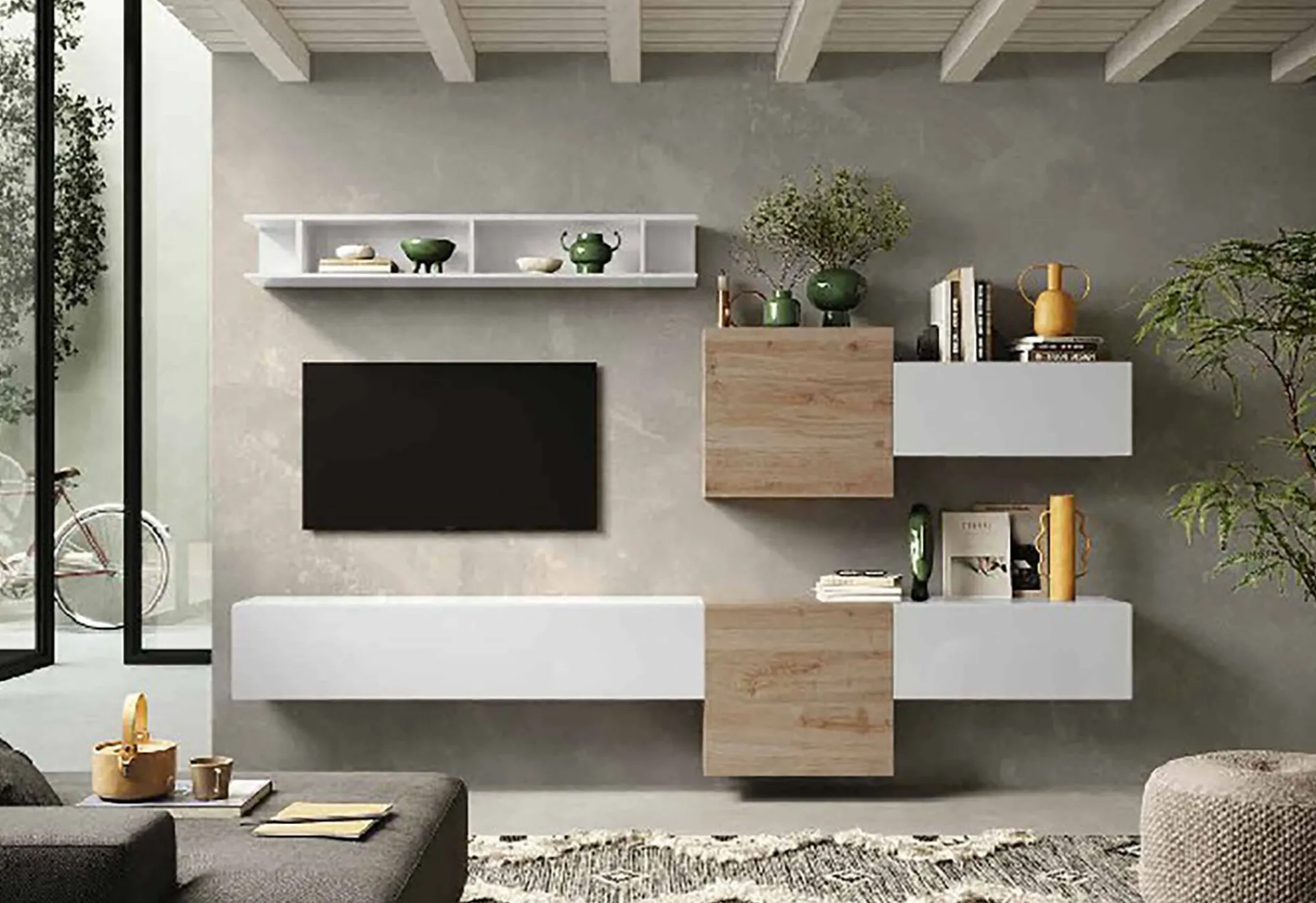 Parete attrezzata Dwal, 262x30 h185 cm, Bianco lucido e Rovere<Dmora Online