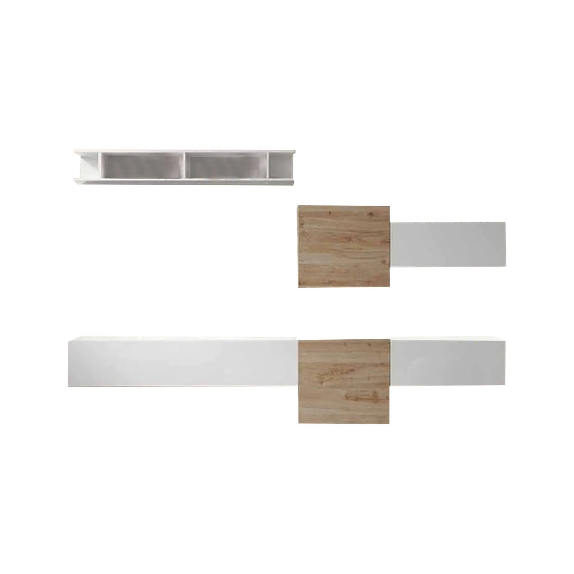 Parete attrezzata Dwal, 262x30 h185 cm, Bianco lucido e Rovere<Dmora Online